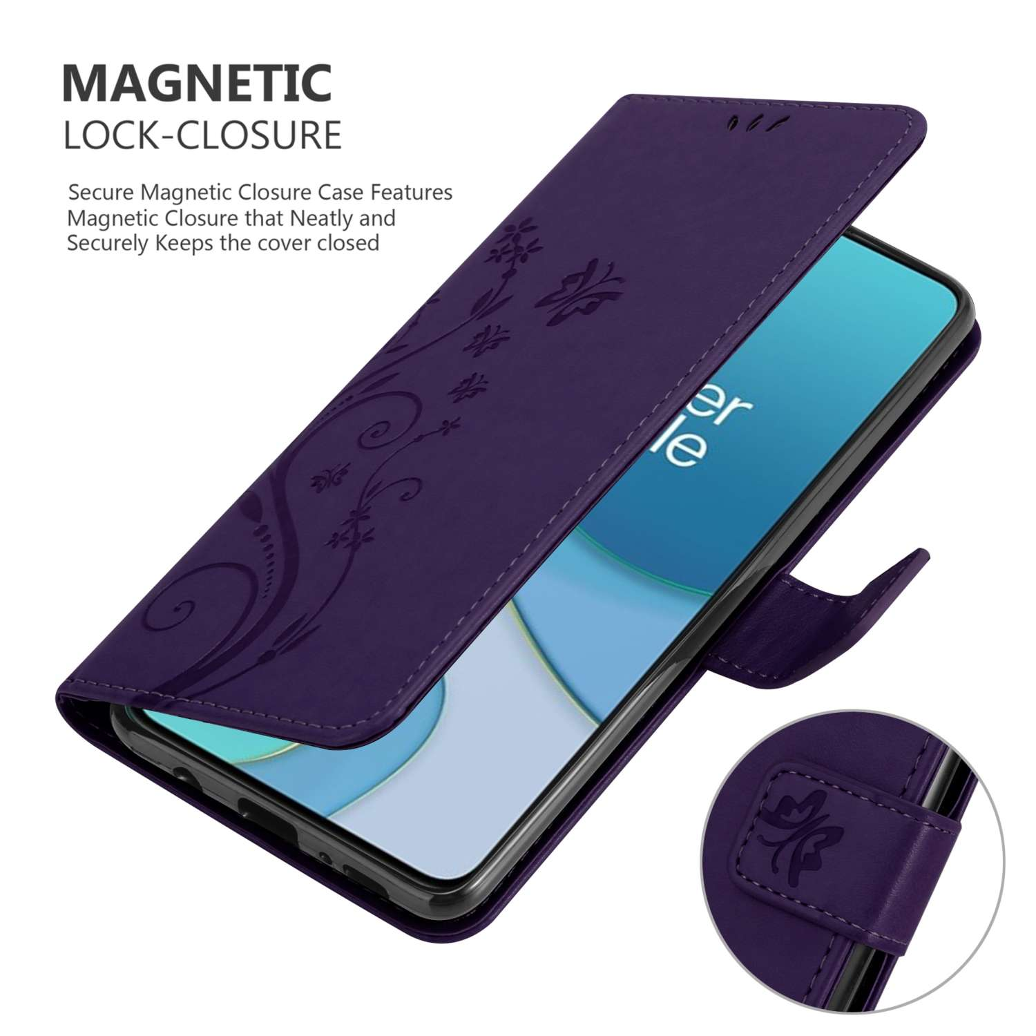 Una custodia per telefono viola con un design floreale, aperta, che rivela un telefono. La cover è aperta.