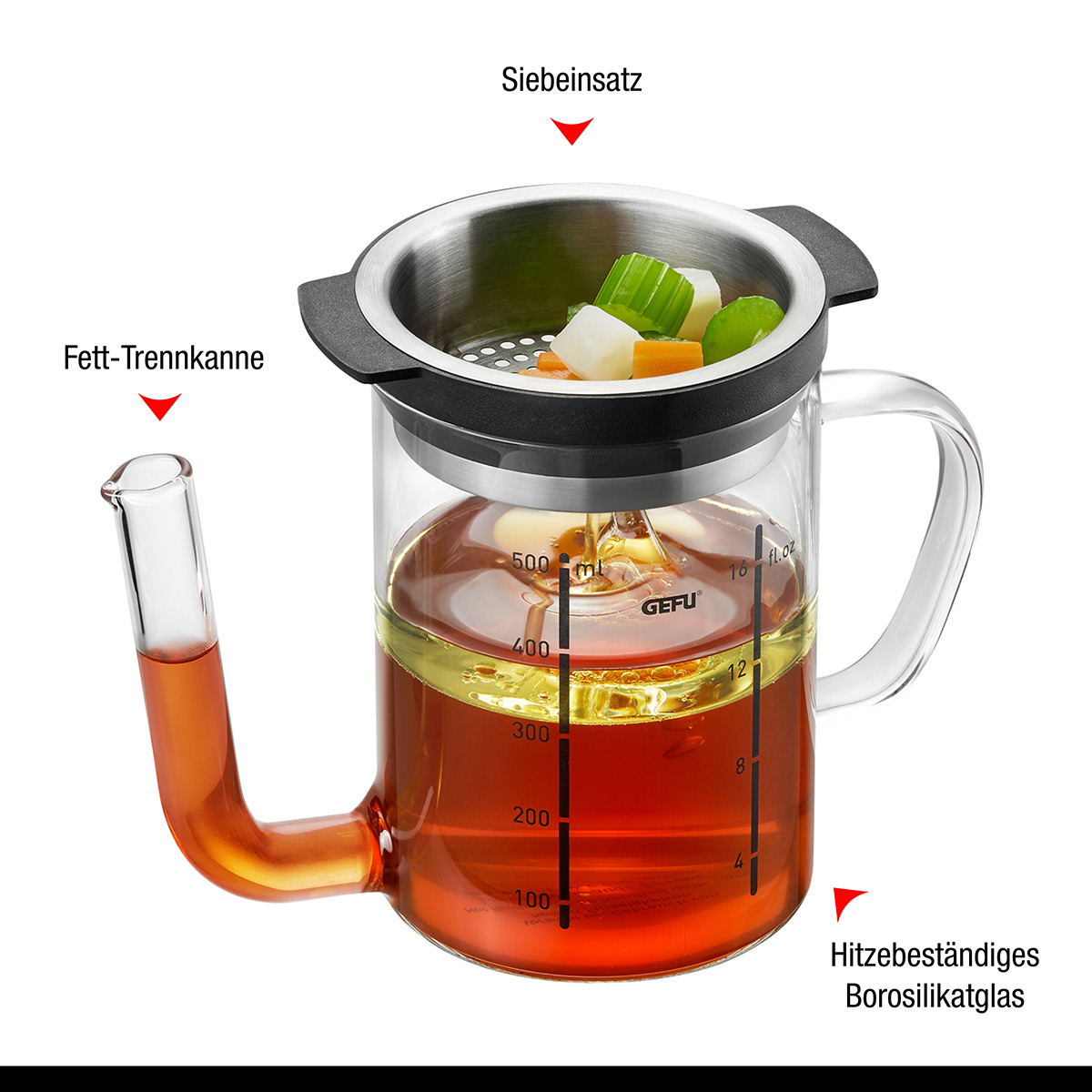 Glasbehälter mit Öl, Sieb und Griff. Zum Trennen von Öl. Schwarzer Griff mit Beschriftungen.