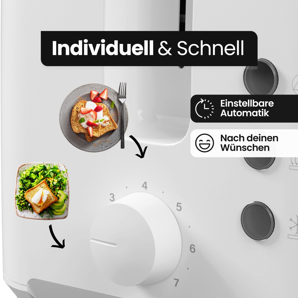 Biały toster z pokrętłem i zdjęciami tostów z dodatkami. Tekst: Indywidualnie i Szybko.