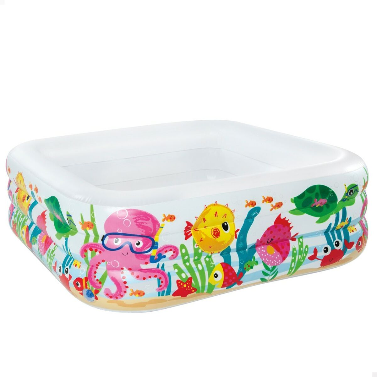 Ein quadratischer aufblasbarer Pool mit Zeichentrick-Meeresbewohnern. Oktopus, Fisch, Schildkröte, Korallen und Seegras.