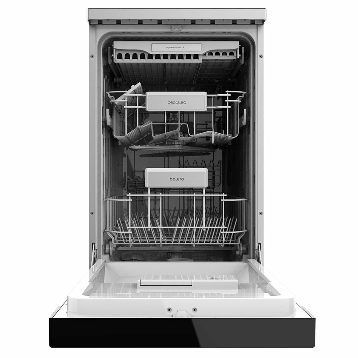 Wnętrze zmywarki, otwarte drzwi, pokazujące stojaki na naczynia i sztućce.