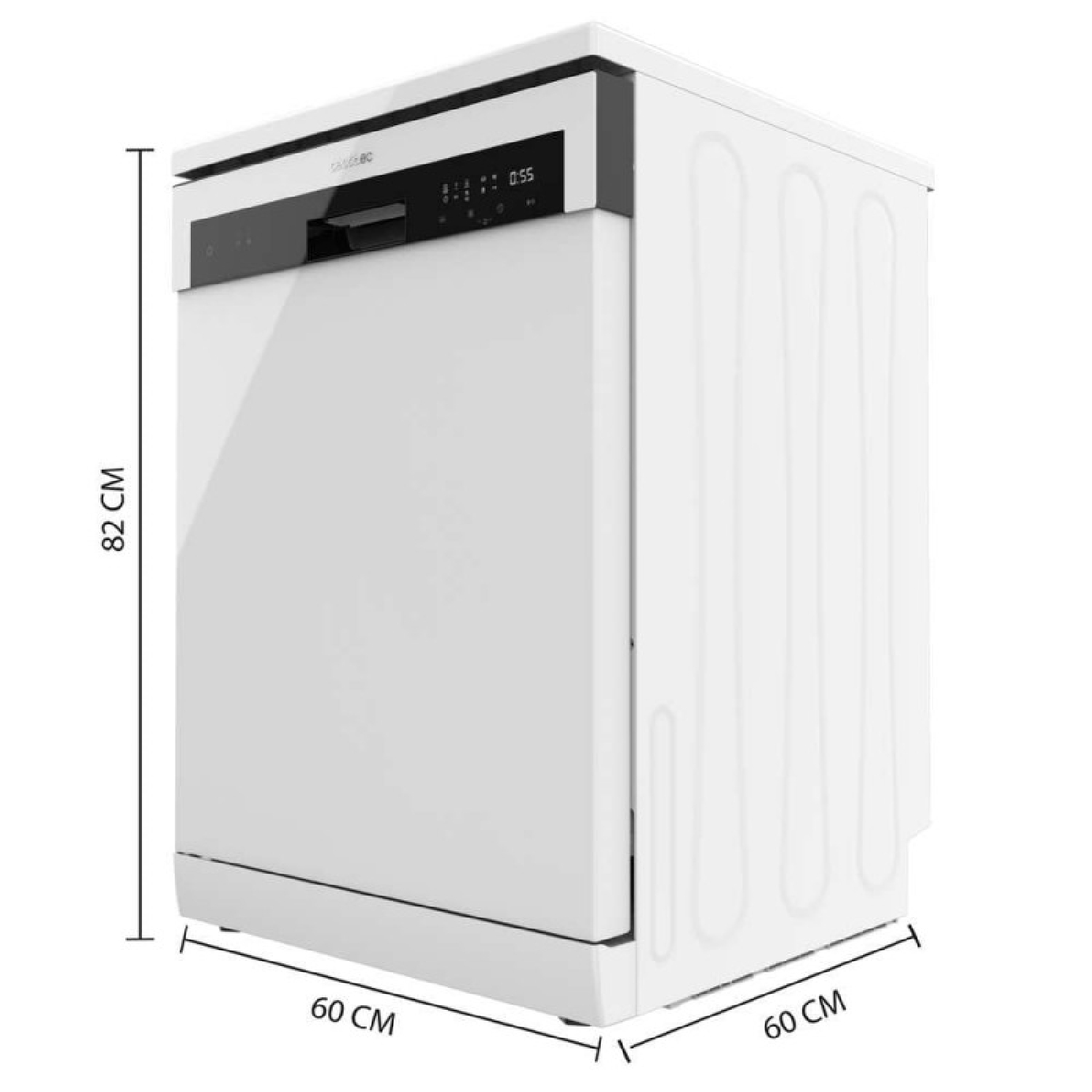 Biała zmywarka z wymiarami: 82 cm wysokości, 60 cm szerokości i 60 cm głębokości. Białe tło.
