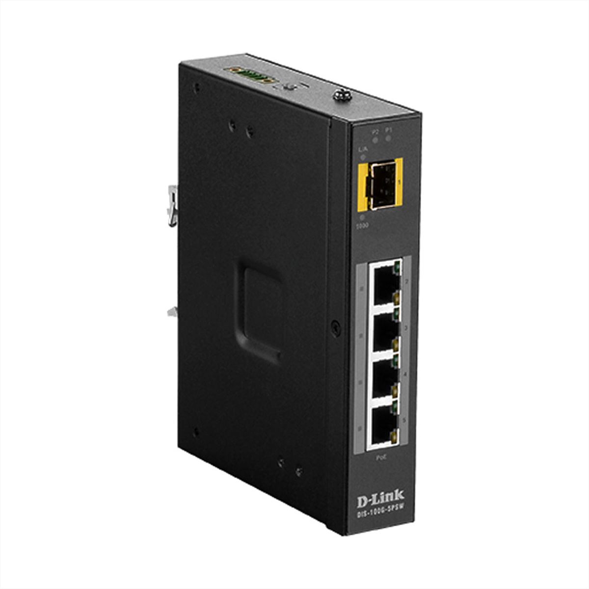 Uno switch D-Link nero con porte e luci LED, su sfondo bianco.