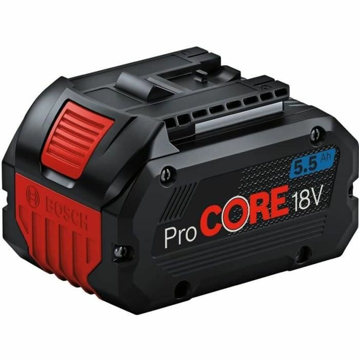 Ein schwarzes und rotes Akkupack mit ProCore 18V darauf. 5,5 Ah ist ebenfalls sichtbar.