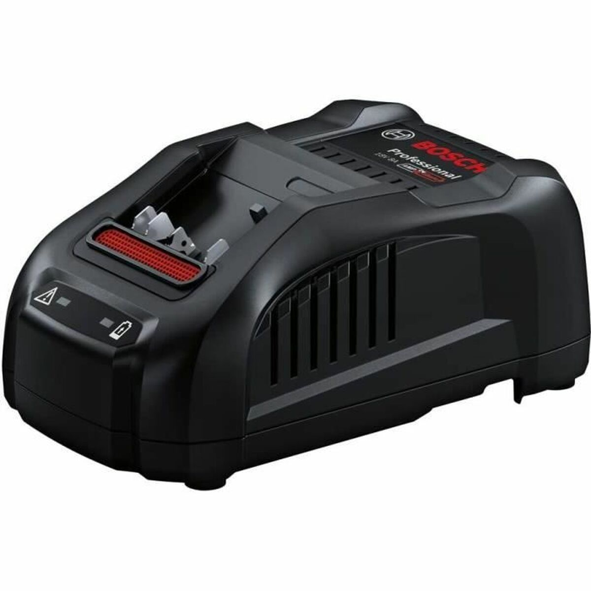 Schwarzes Batterieladegerät mit Bosch Professional Logo und Kontrollleuchten, Winkelansicht.