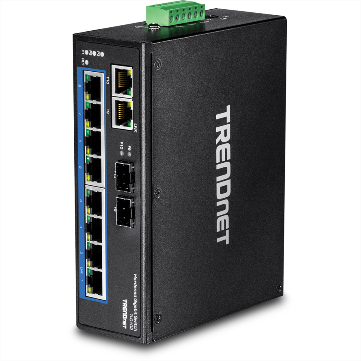 Schwarzer Trendnet-Switch mit Ethernet-Anschlüssen, Strom- und Link-Leuchten. Grüner Stecker oben.