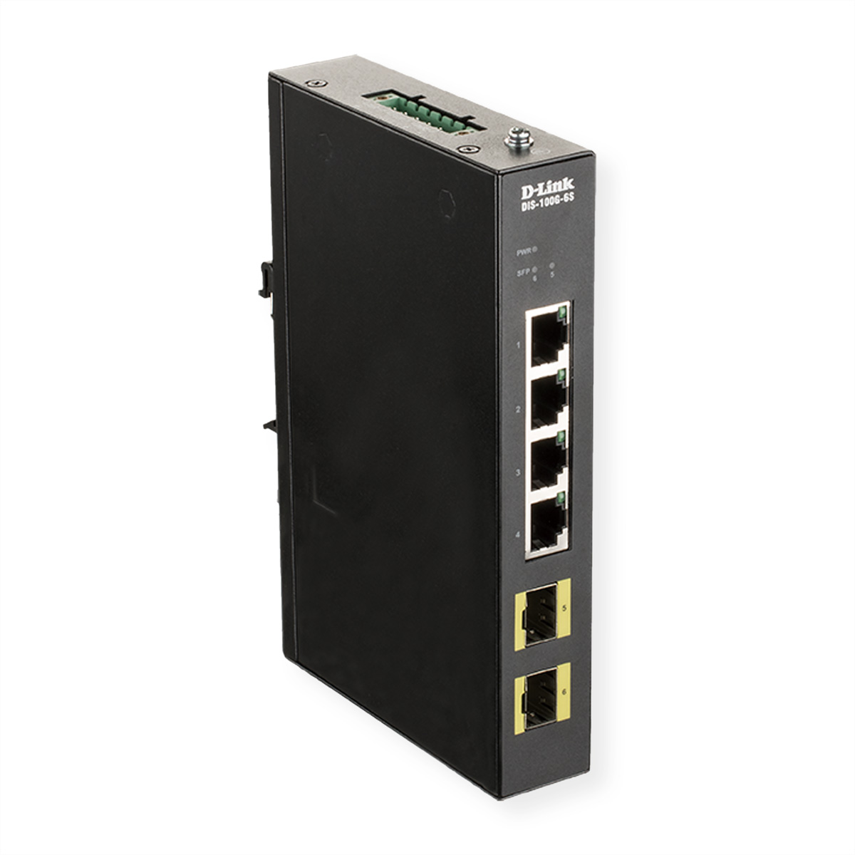 Ein schwarzer D-Link Netzwerk-Switch mit Anschlüssen, Strom- und SFP-Anzeigen.