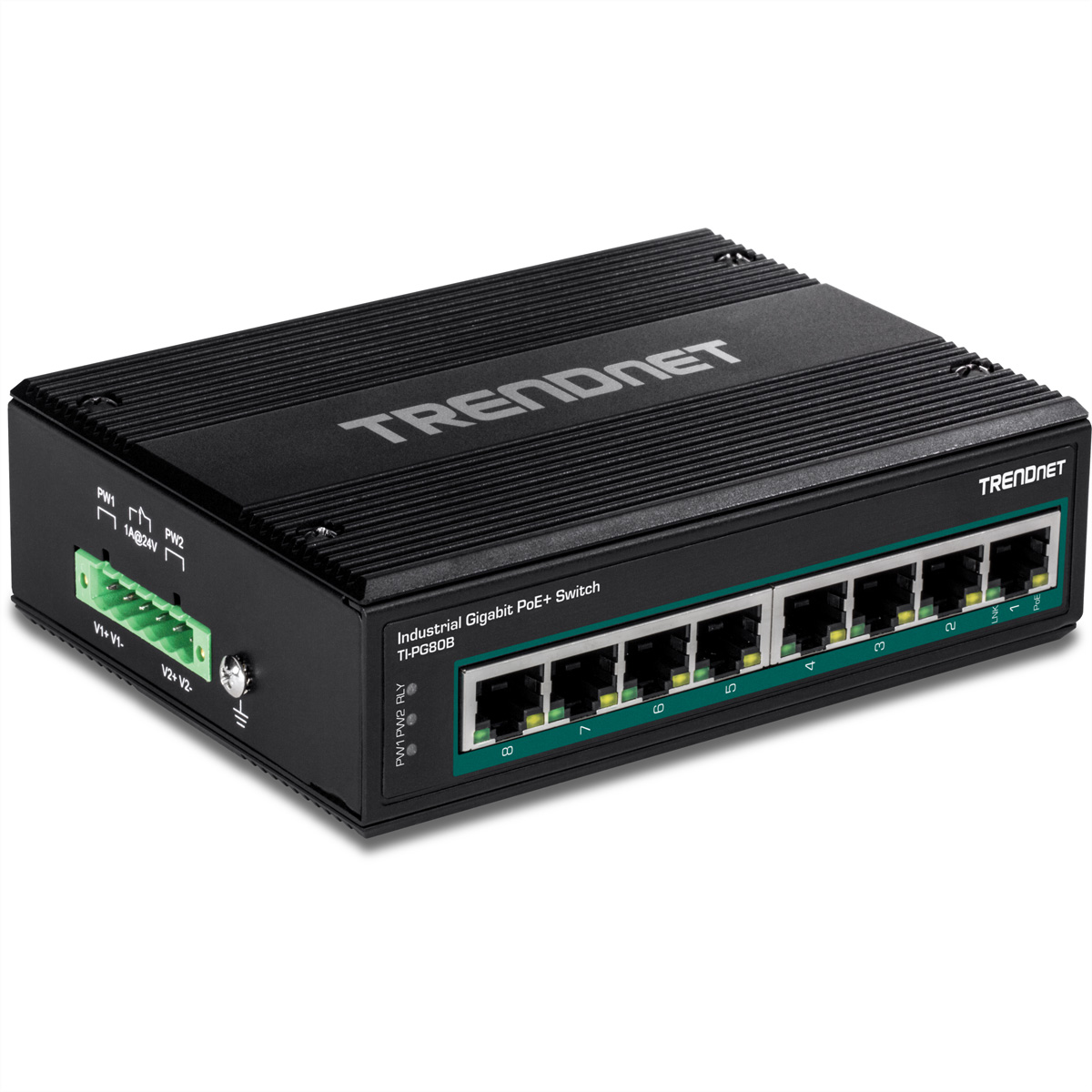 Schwarzer TRENDnet Industrial Gigabit PoE+ Switch mit 8 Ports, Anschlüssen und Stromeingang.
