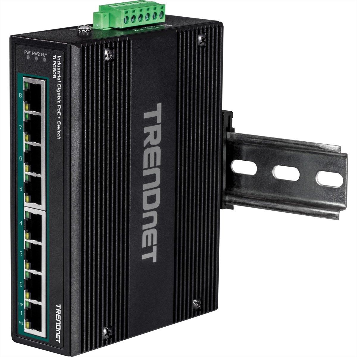 Ein schwarzer Trendnet-Netzwerk-Switch mit mehreren Anschlüssen. Eine Halterung ist angebracht. Weißer Hintergrund.