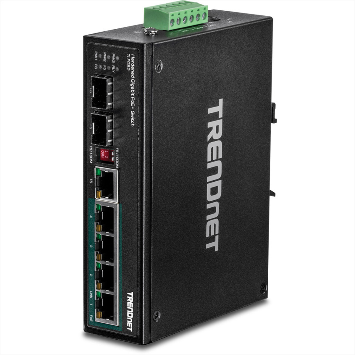Schwarzer Trendnet-Netzwerk-Switch mit Anschlüssen und einem grünen Terminal. TRENDnet-Logo auf der Vorderseite.