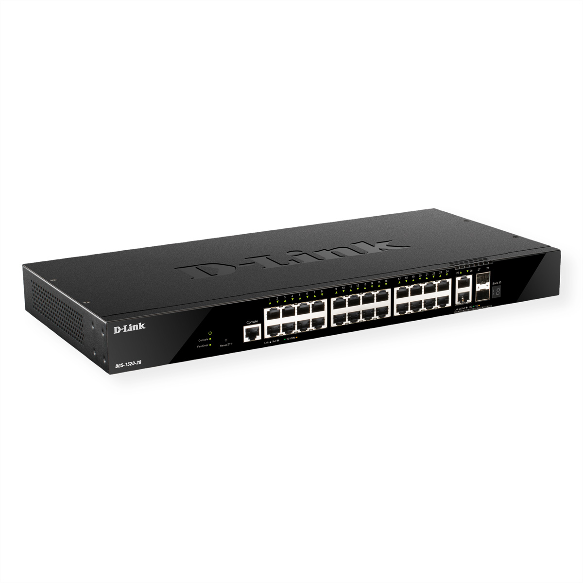 Uno switch di rete D-Link nero con più porte. Il logo D-Link è sulla parte anteriore.