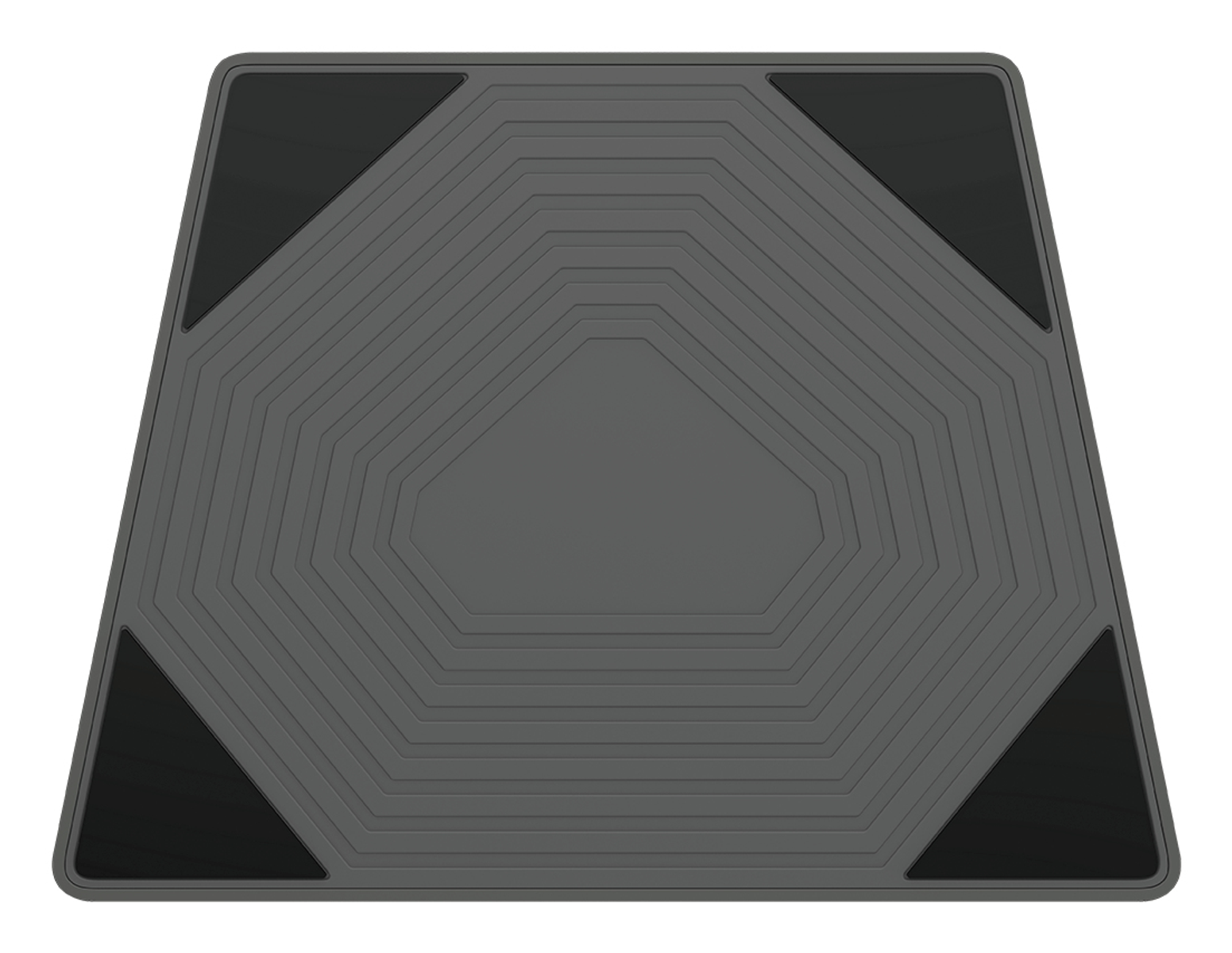 Szara, prostokątna mata z czarnymi narożnikami i geometrycznym wzorem.