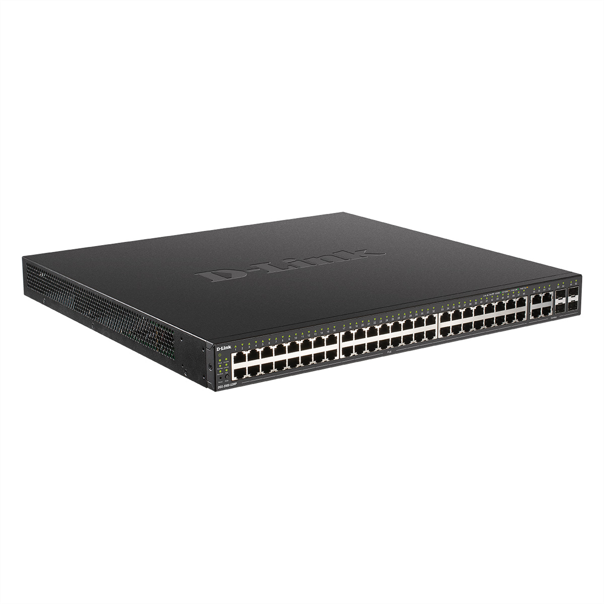 Uno switch di rete D-Link nero con più porte, il marchio è in alto.