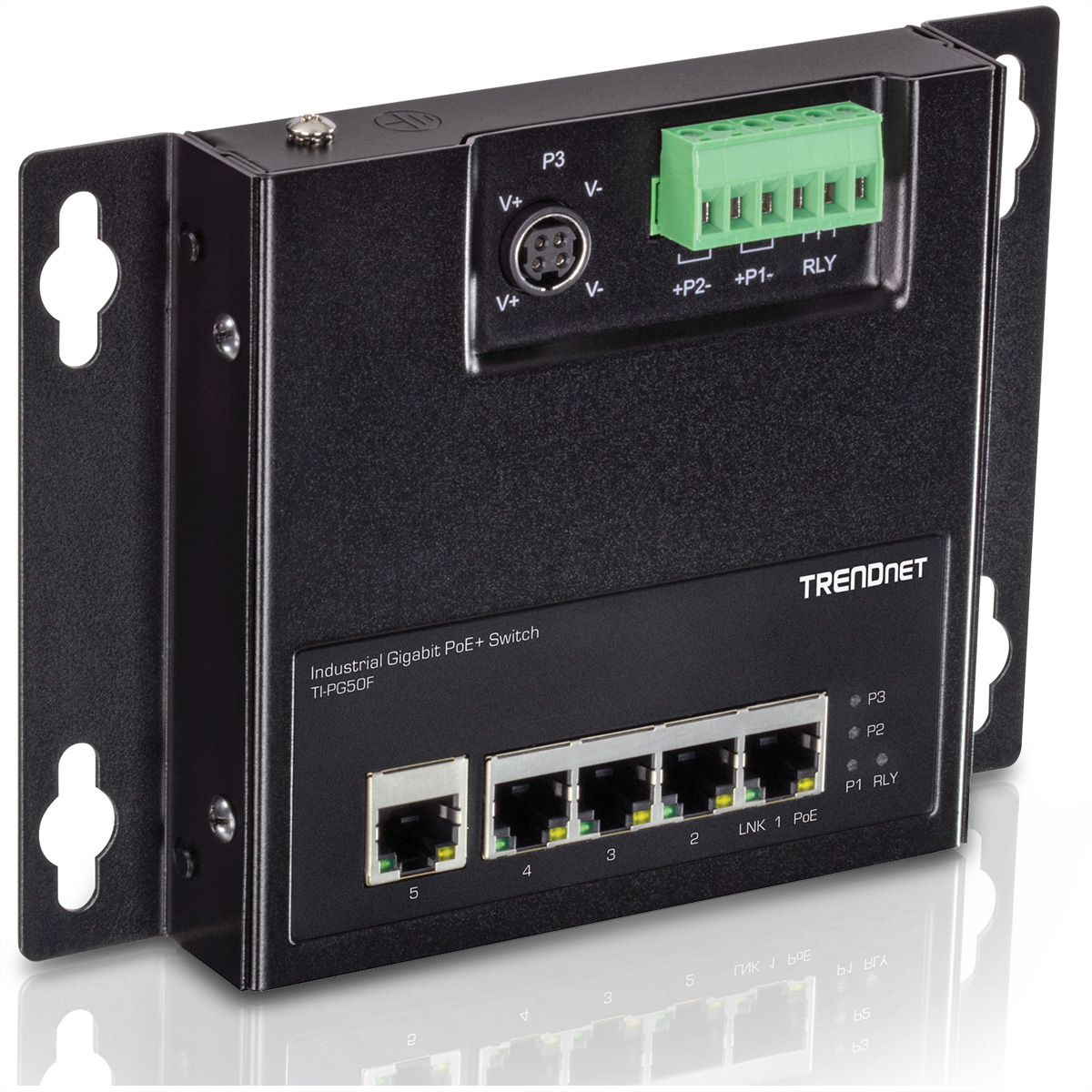 TI-PG50F Gigabit Switch Access TRENDNET 5-Port PoE+ Switch Front Industrial PoE Gigabit