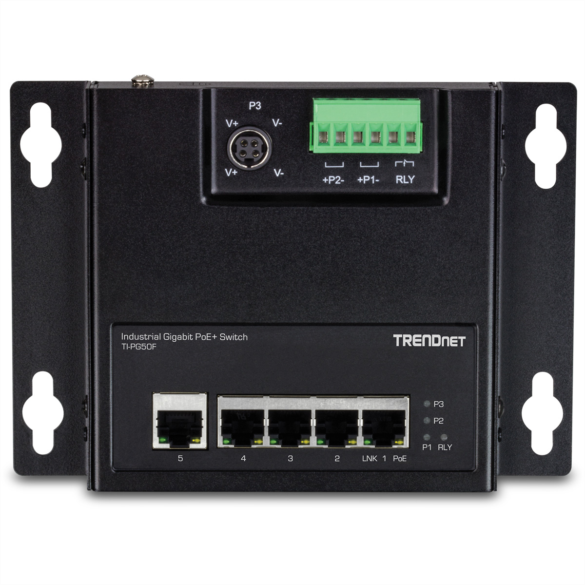 Schwarzer Industrial Gigabit PoE+ Switch mit verschiedenen Anschlüssen und Steckern.