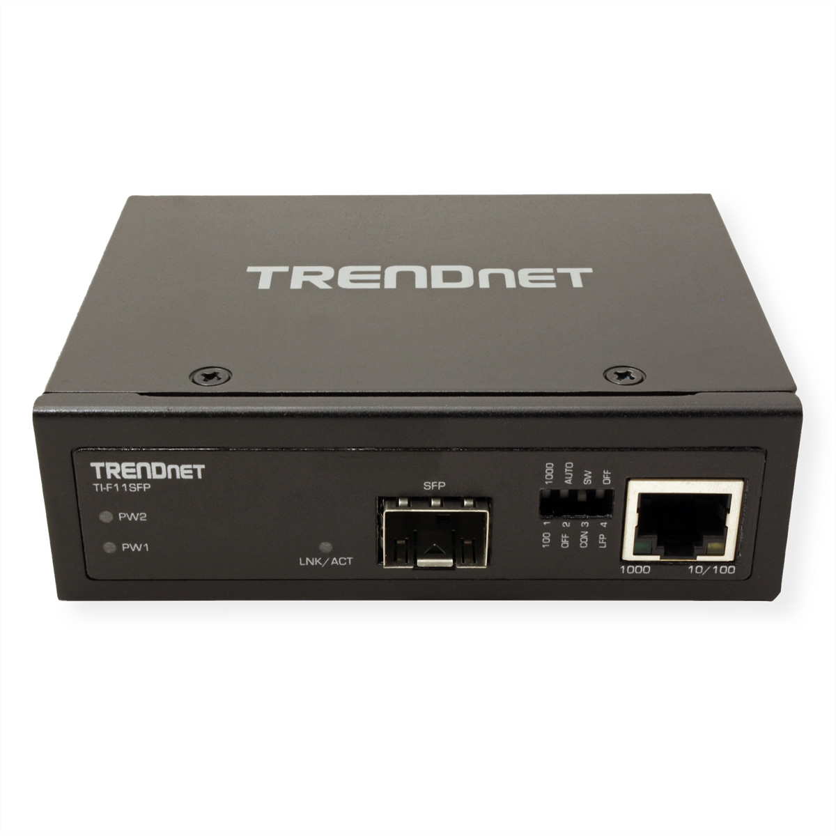 Schwarzes TRENDnet-Netzwerkgerät, beschriftet mit TRENDnet und Anschlüssen auf der Vorderseite.