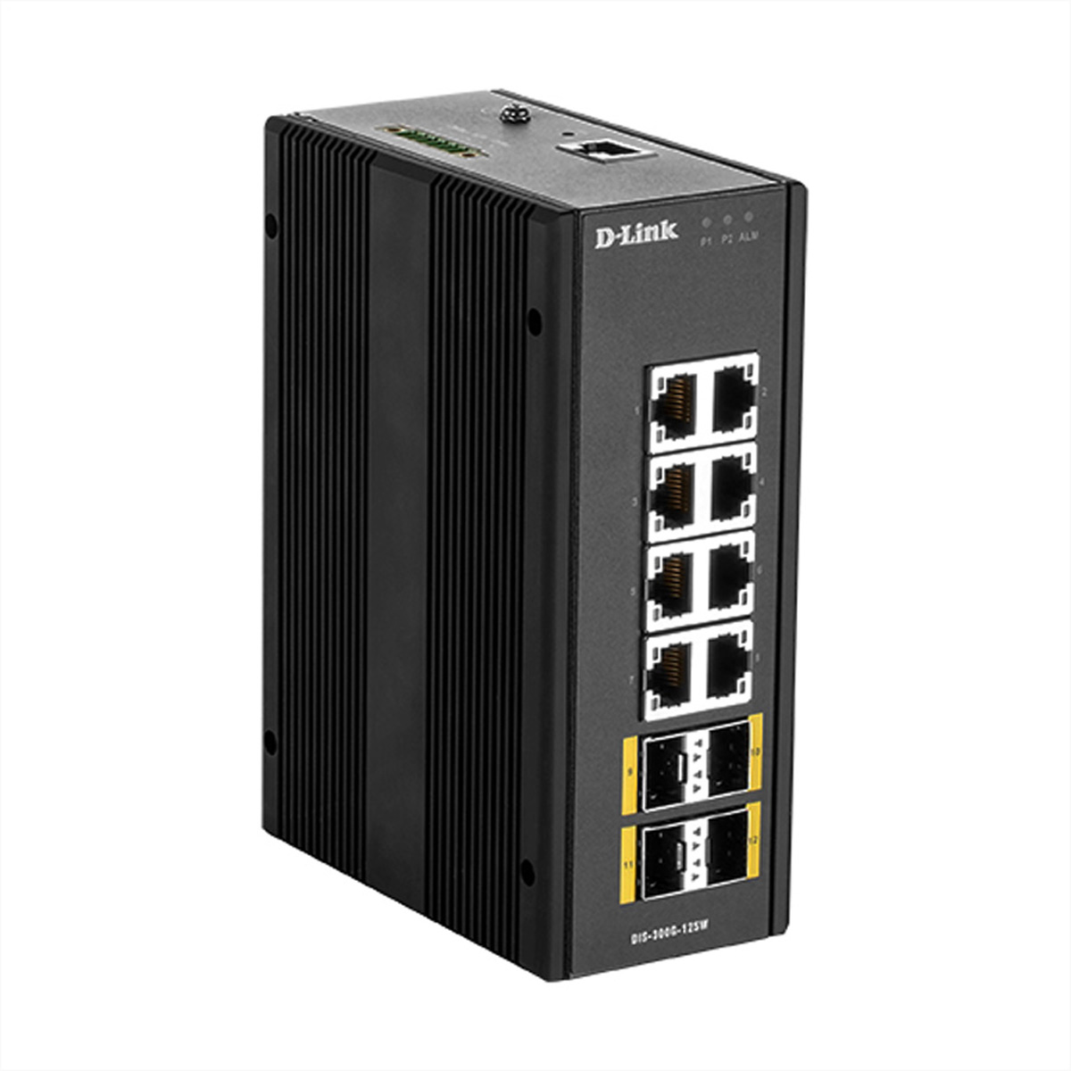 Uno switch di rete D-Link nero con diverse porte. Ha un cavo di alimentazione e diverse luci.