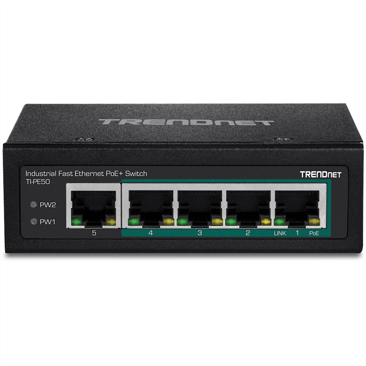 Ein schwarzer TRENDnet Ethernet-Switch mit mehreren Anschlüssen und LED-Anzeigen.