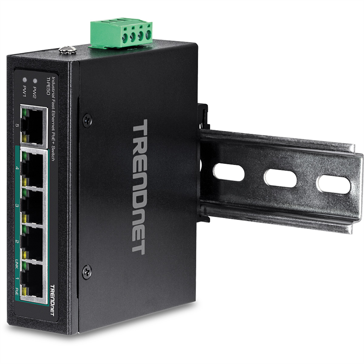 Schwarzer TRENDnet-Ethernet-Switch mit fünf Anschlüssen, grünem Klemmenblock und Schienenhalterung.