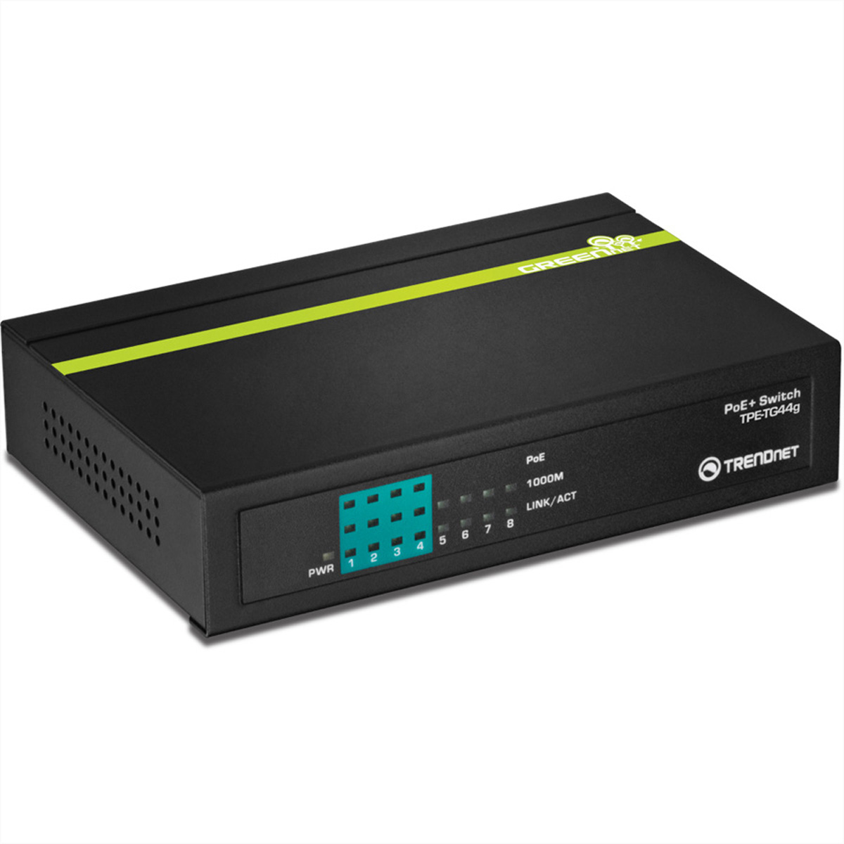 Schwarzer Trendnet PoE+ Switch mit grünen Akzenten, Anschlüssen und LED-Anzeigen.