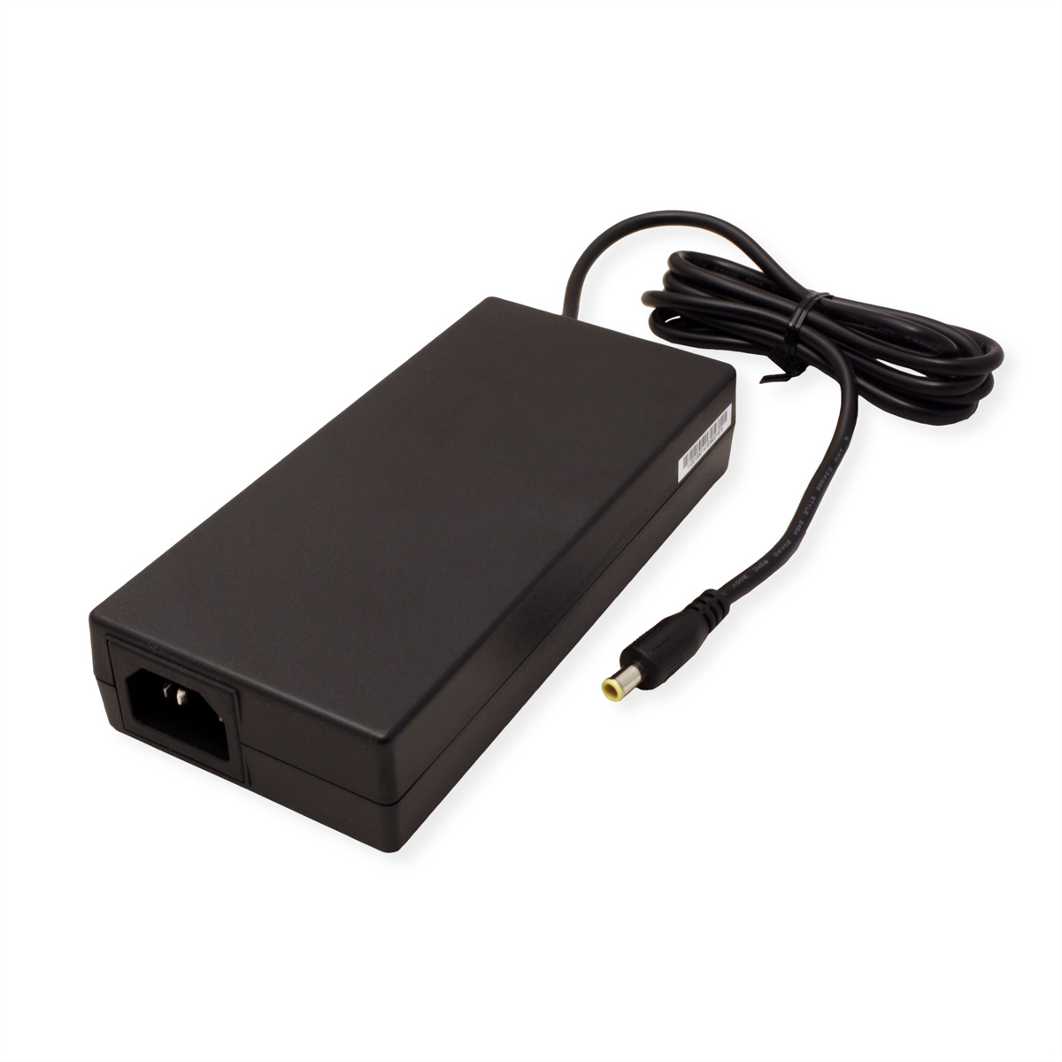 Schwarzes Netzteil mit Netzkabel und Stecker. Es hat einen rechteckigen Körper mit Stromeingang.
