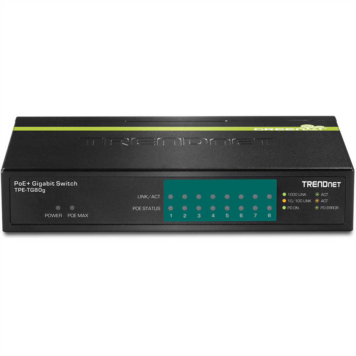 Schwarzer Trendnet PoE+ Gigabit Switch mit grünem und schwarzem Design und beschrifteten Ports.