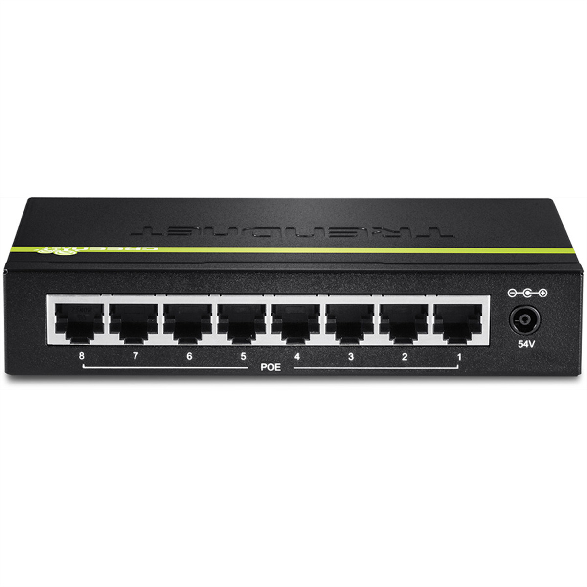 Schwarzer Netzwerk-Switch mit acht Ports, beschriftet 1-8. Er hat einen POE-Port und einen Stromeingang.