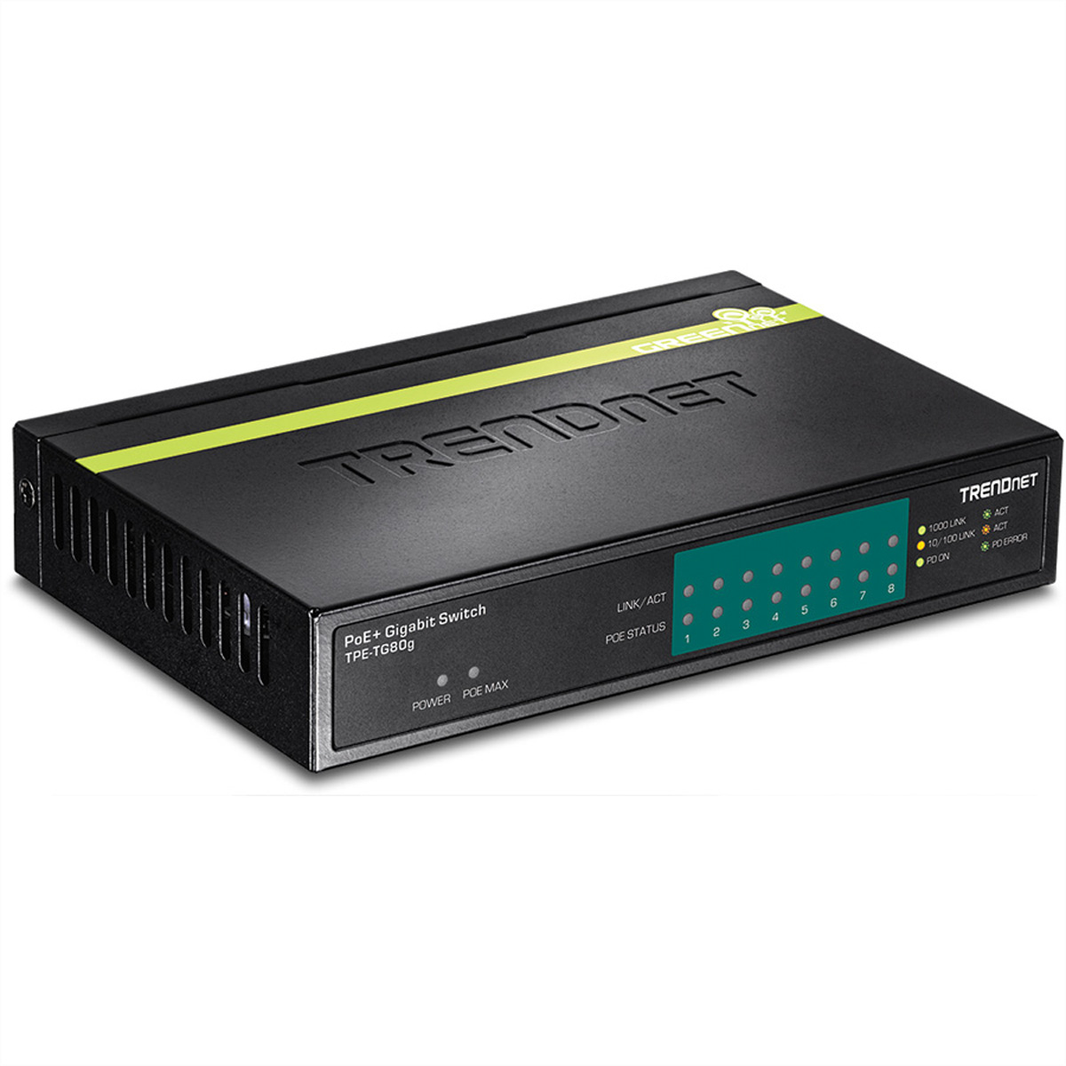 Schwarzer TRENDnet PoE+ Gigabit-Switch mit grünen und blauen Lichtern, beschriftet mit TRENDnet.