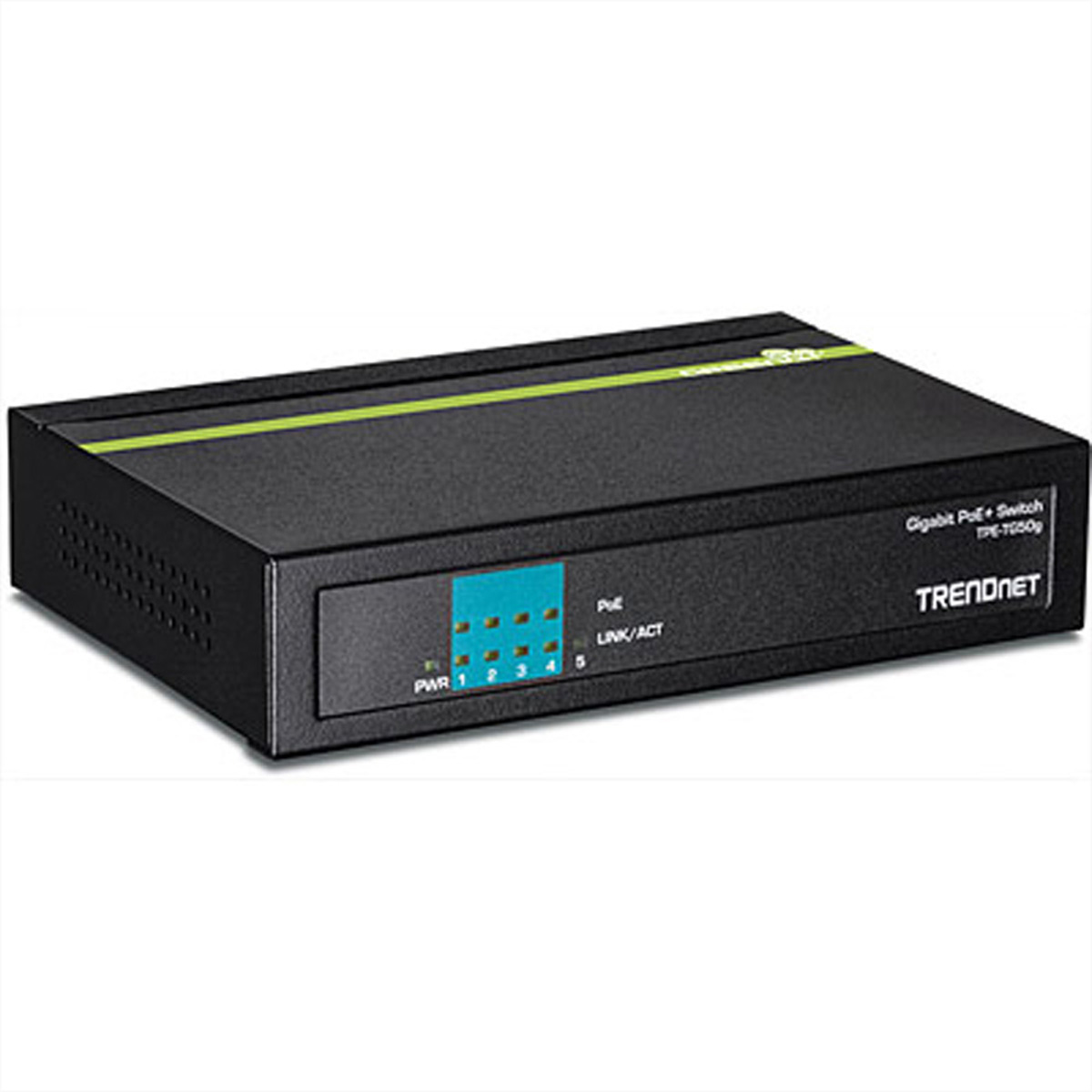 Schwarzer TRENDnet PoE-Switch. Er hat 5 Anschlüsse. Die Vorderseite hat Lichter und Beschriftungen für Power, Link/Act.