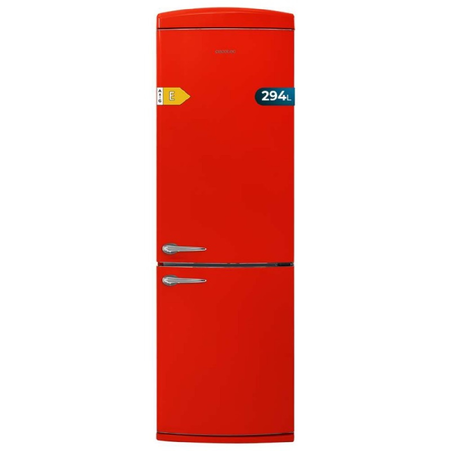 Frigorifero rosso retrò con due porte. Etichetta di efficienza energetica a sinistra. Etichetta 294L.