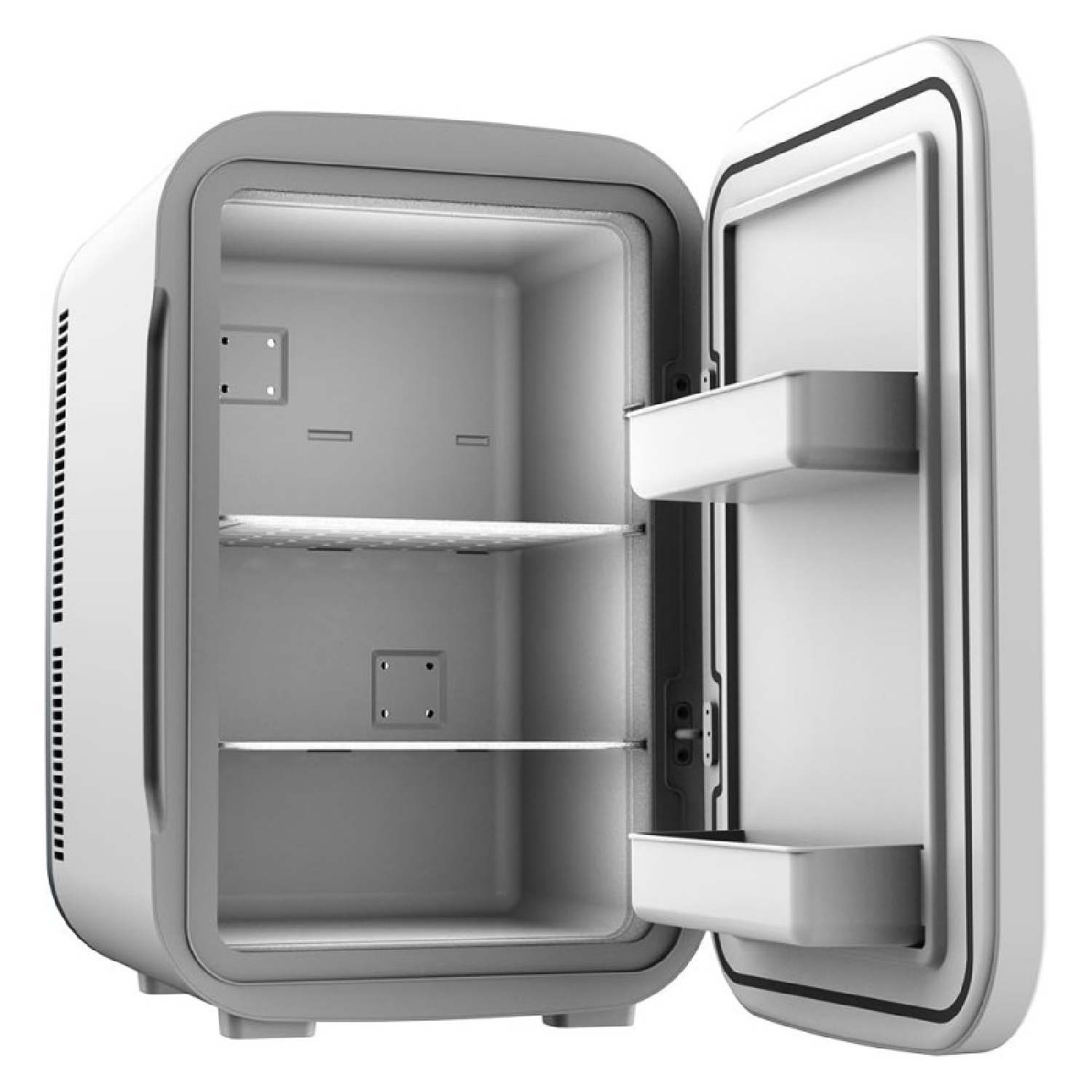Pequeño refrigerador blanco con la puerta abierta, mostrando los estantes interiores.