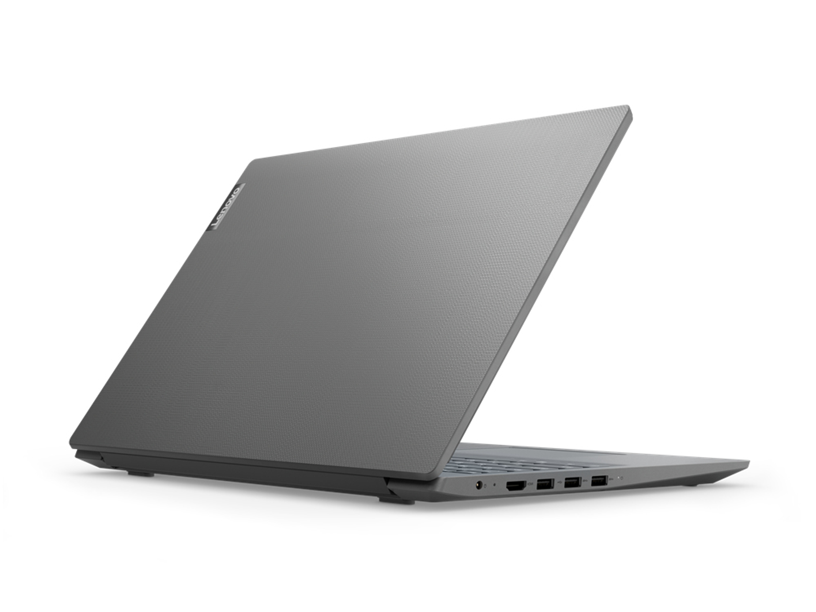 Computer portatile grigio con schermo parzialmente aperto e sfondo bianco.