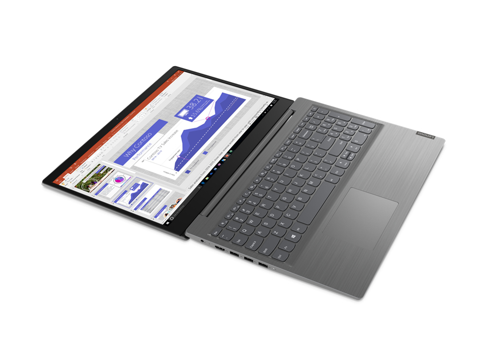 Laptop aperto con diapositive sullo schermo. Tastiera visibile. Sfondo bianco.