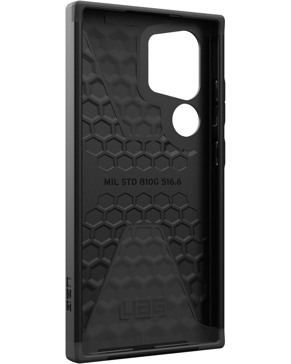 Wnętrze czarnego etui na telefon z wzorem plastra miodu. Widoczna jest marka UAG.