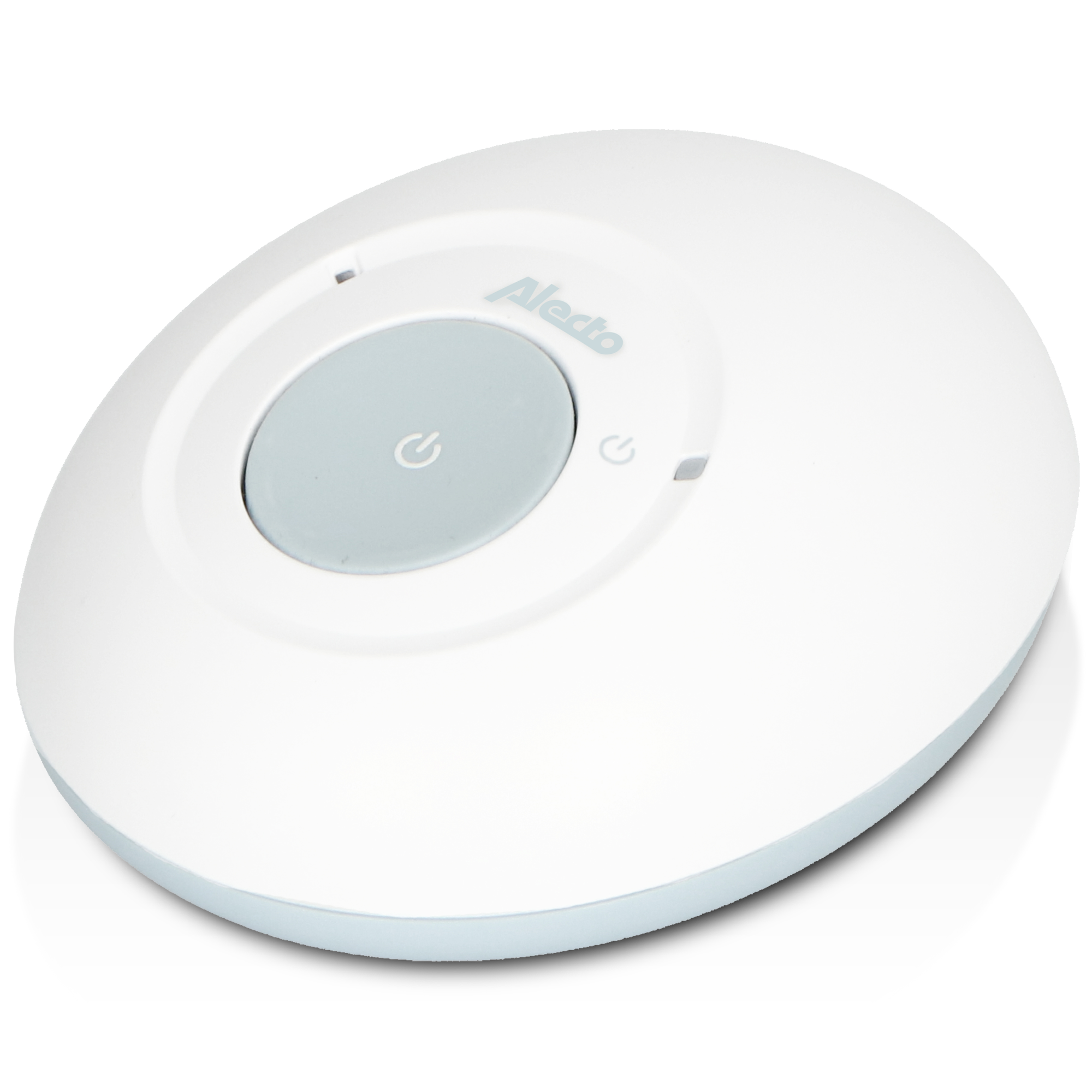 White, oval-shaped device with a gray button. The word 'Alecto' is written on top.
