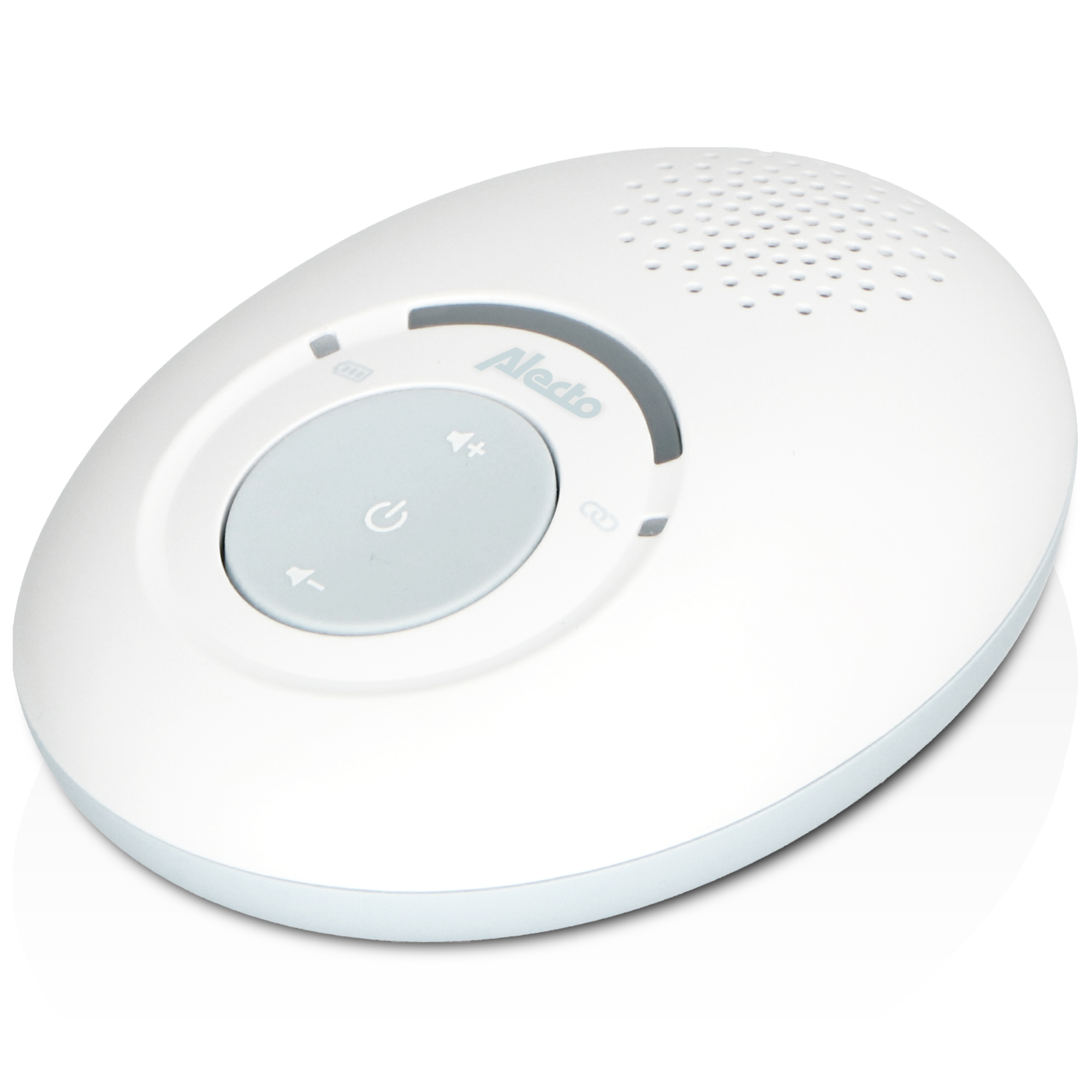 White baby monitor with a large button, and other buttons, on a white background, with shadows.
