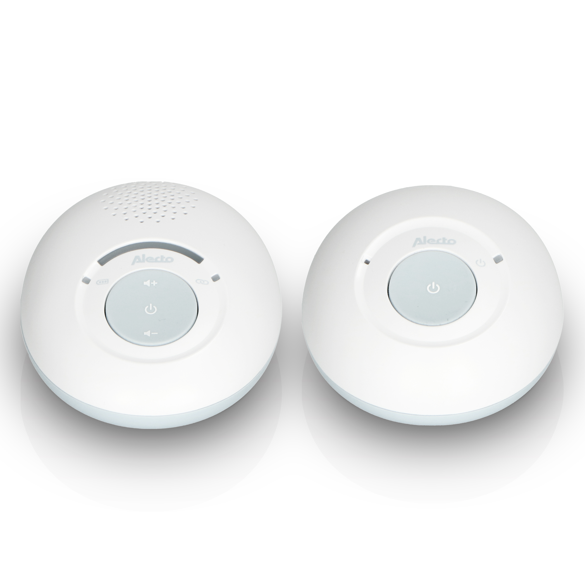 Two white baby monitors, one with speaker and buttons, other with power button. White background.