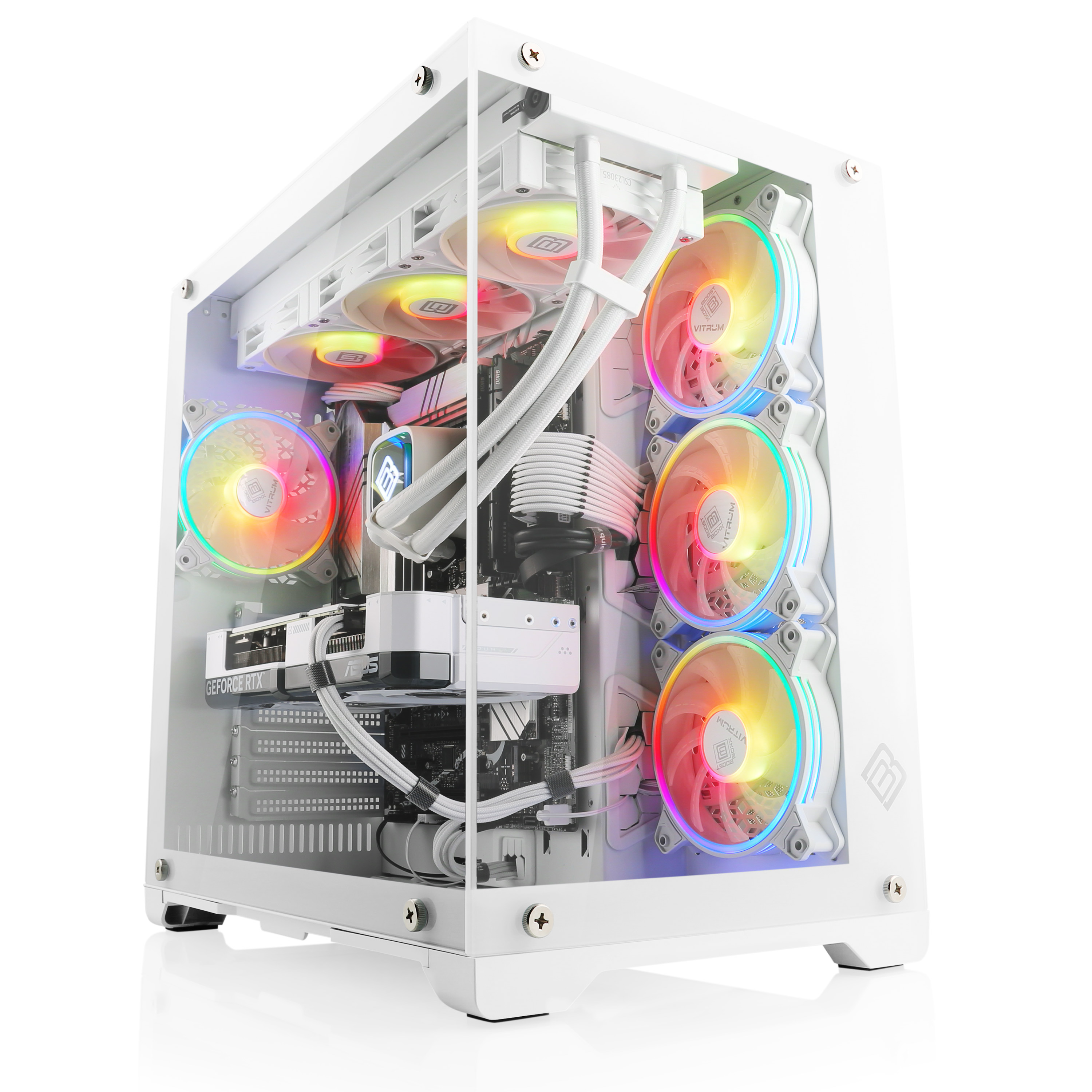 Weißes Computergehäuse mit bunten Lüftern.