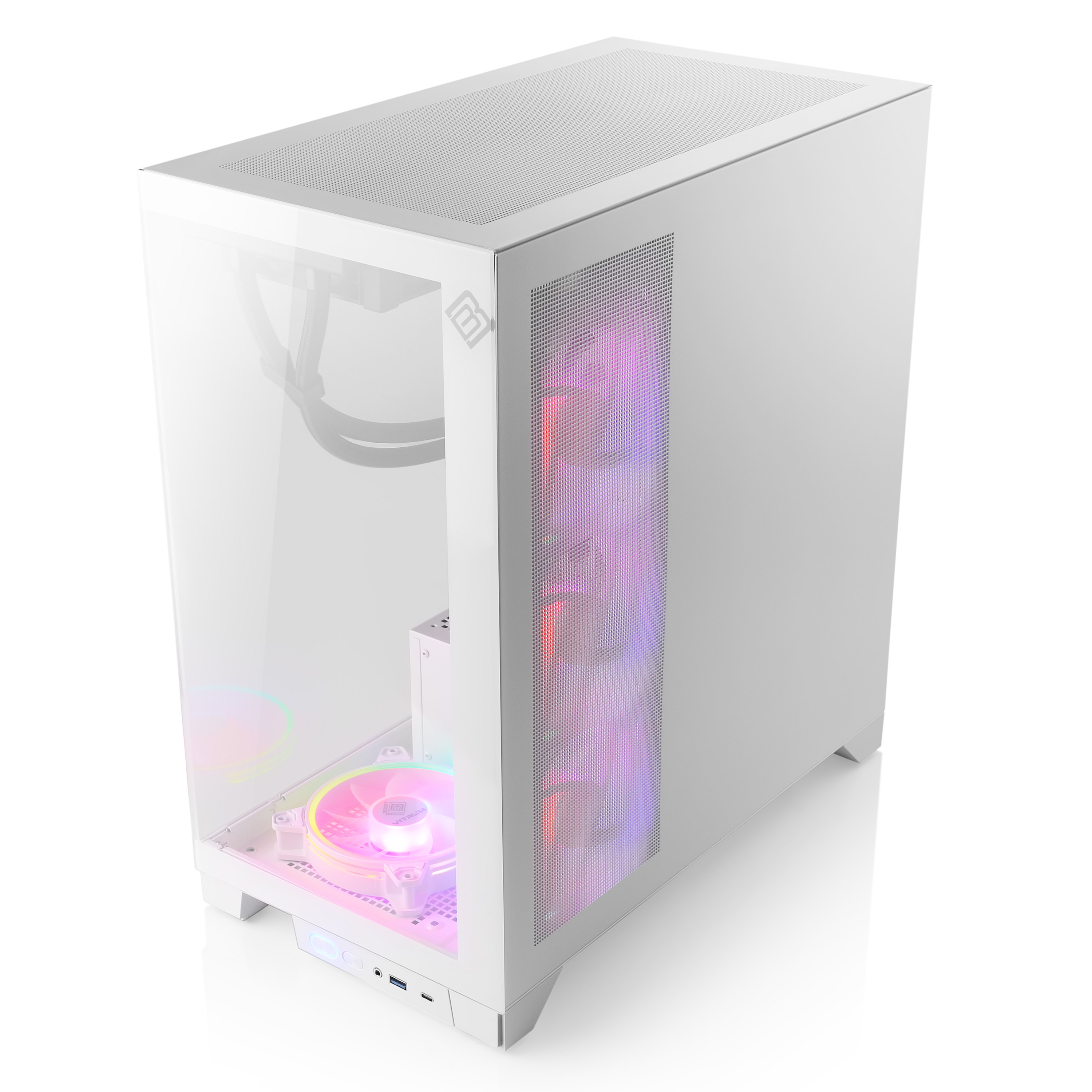 Ein weißes Computergehäuse mit bunten Lichtern im Inneren. Es hat eine Glas-Seitenwand.