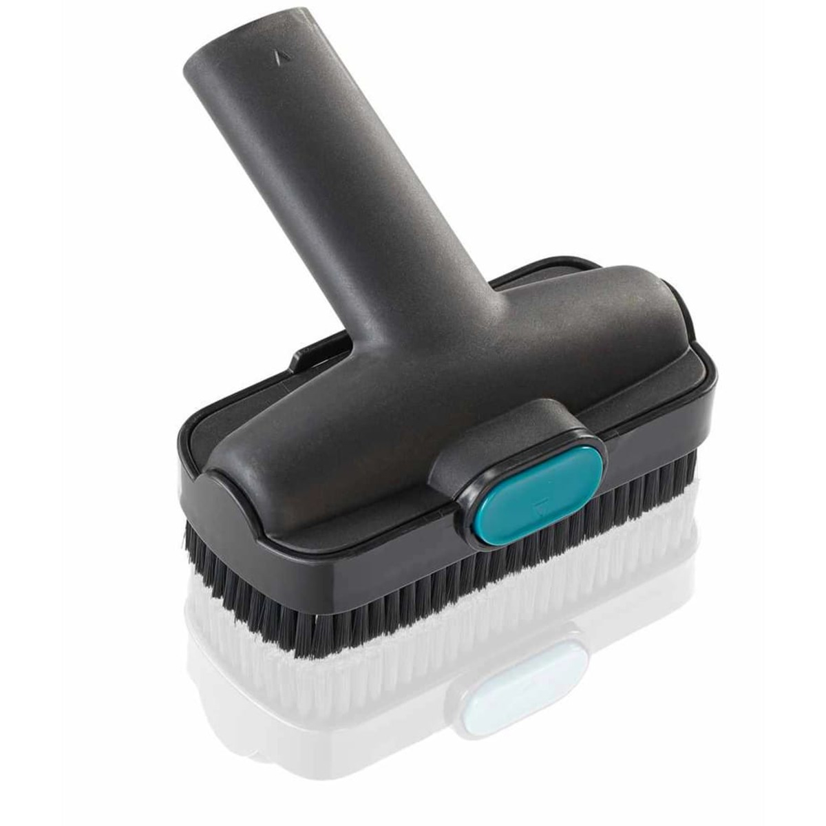 Czarna i szara nasadka do odkurzacza ze szczotkami i turkusowym przyciskiem. Białe tło.