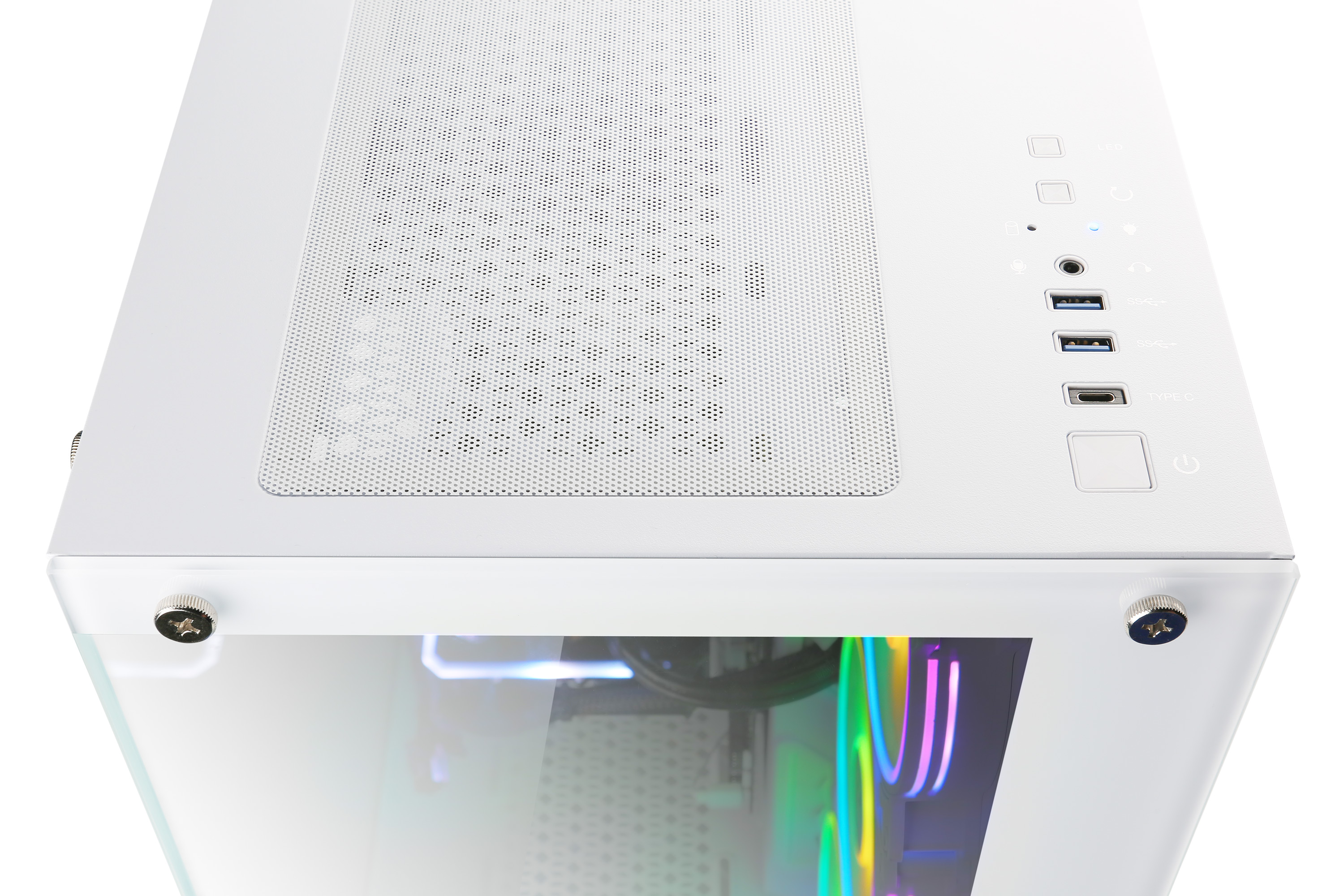 Ein weißes Computergehäuse, das die Oberseite mit Knöpfen, Anschlüssen und einem Glaspaneel zeigt.