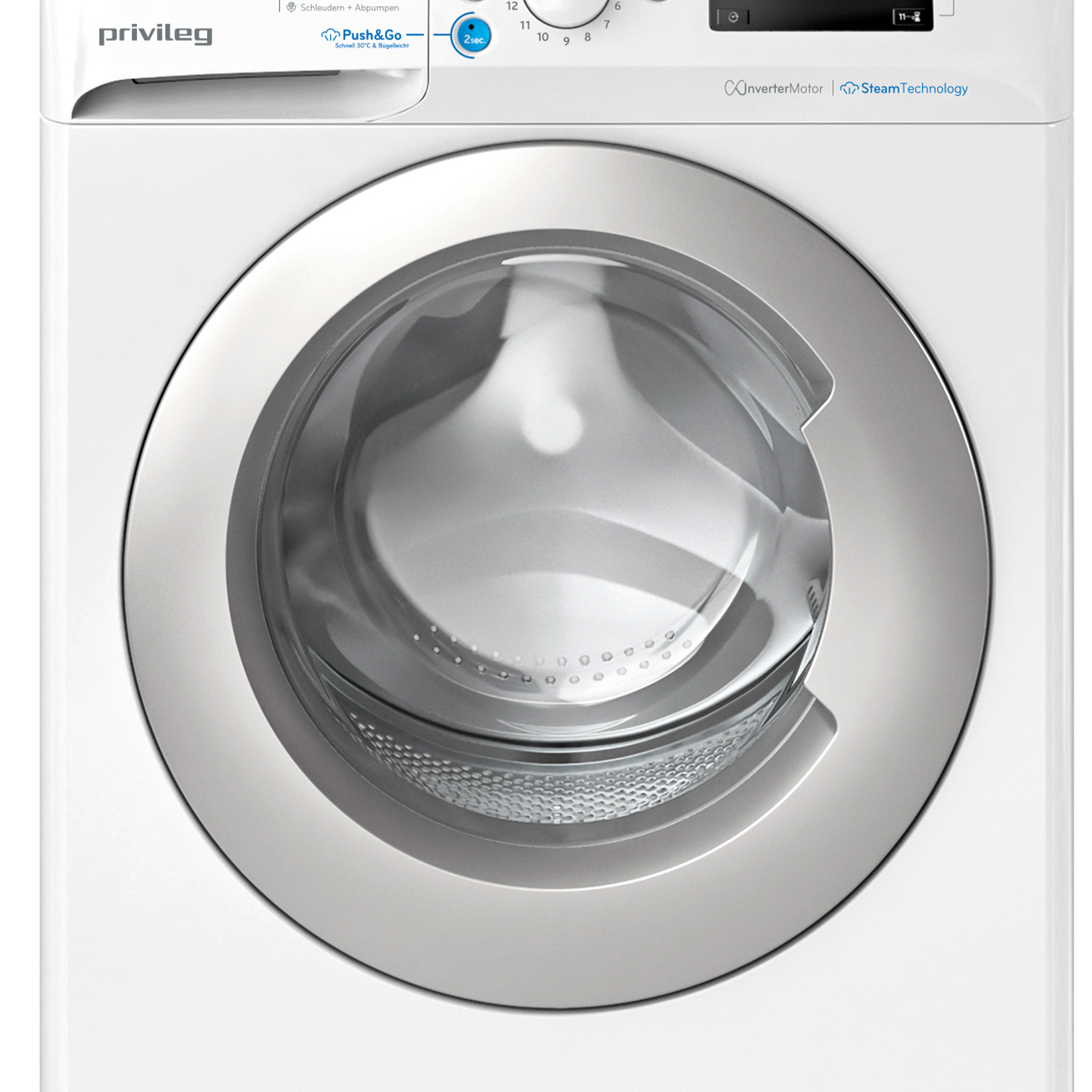 Eine weiße Waschmaschine mit Glastür. Das Bedienfeld hat Knöpfe und ein Display.