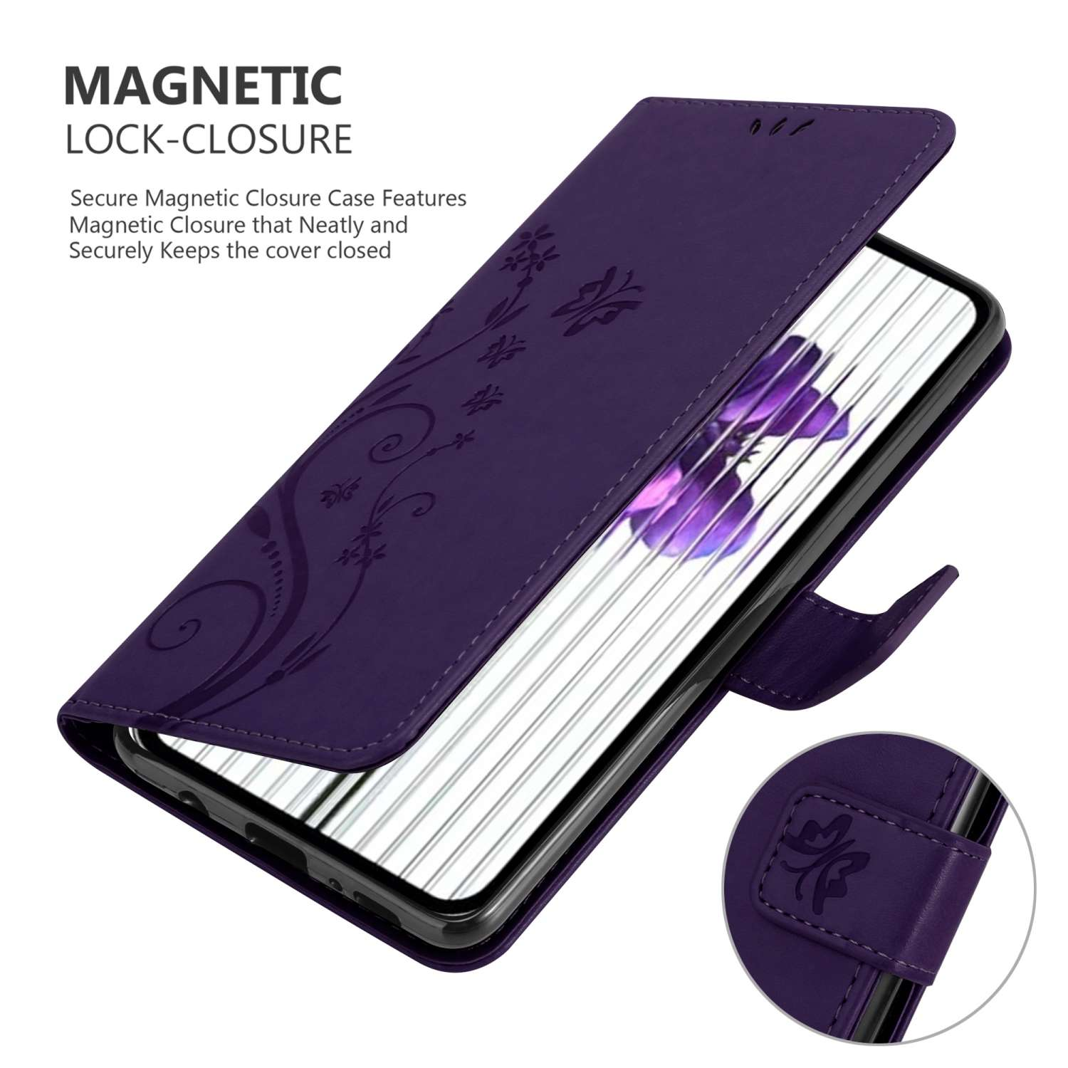Custodia per telefono viola, aperta. L'interno mostra uno schermo del telefono con un design viola e bianco.