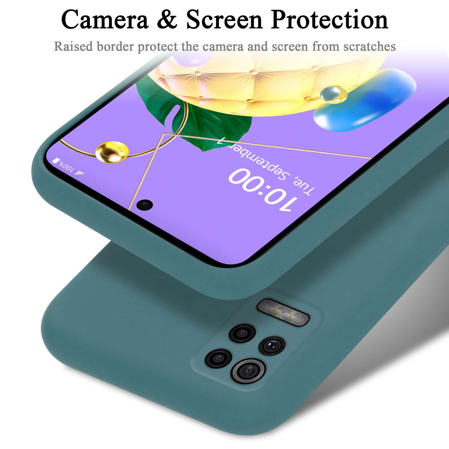 Custodia per telefono verde acqua con schermo del telefono che mostra l'ora. Sfondo sfocato.
