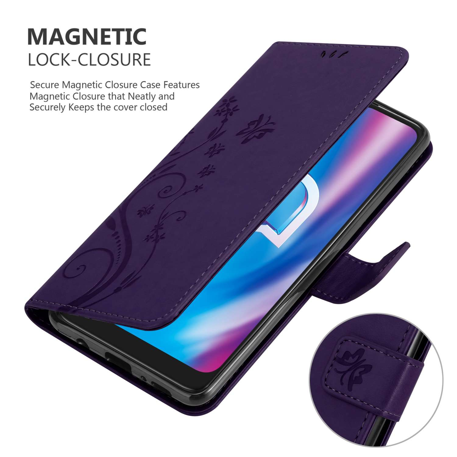 Custodia per telefono viola aperta con telefono, design floreale e chiusura.