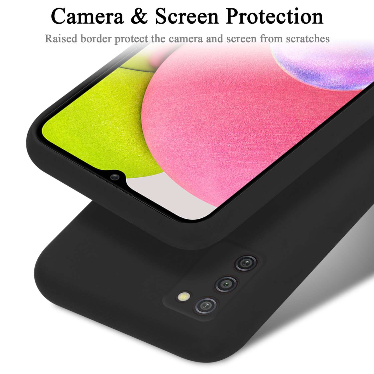 Schwarze Handyhülle mit erhöhtem Rand. Ein Telefon mit Displayschutz ist im Etui.