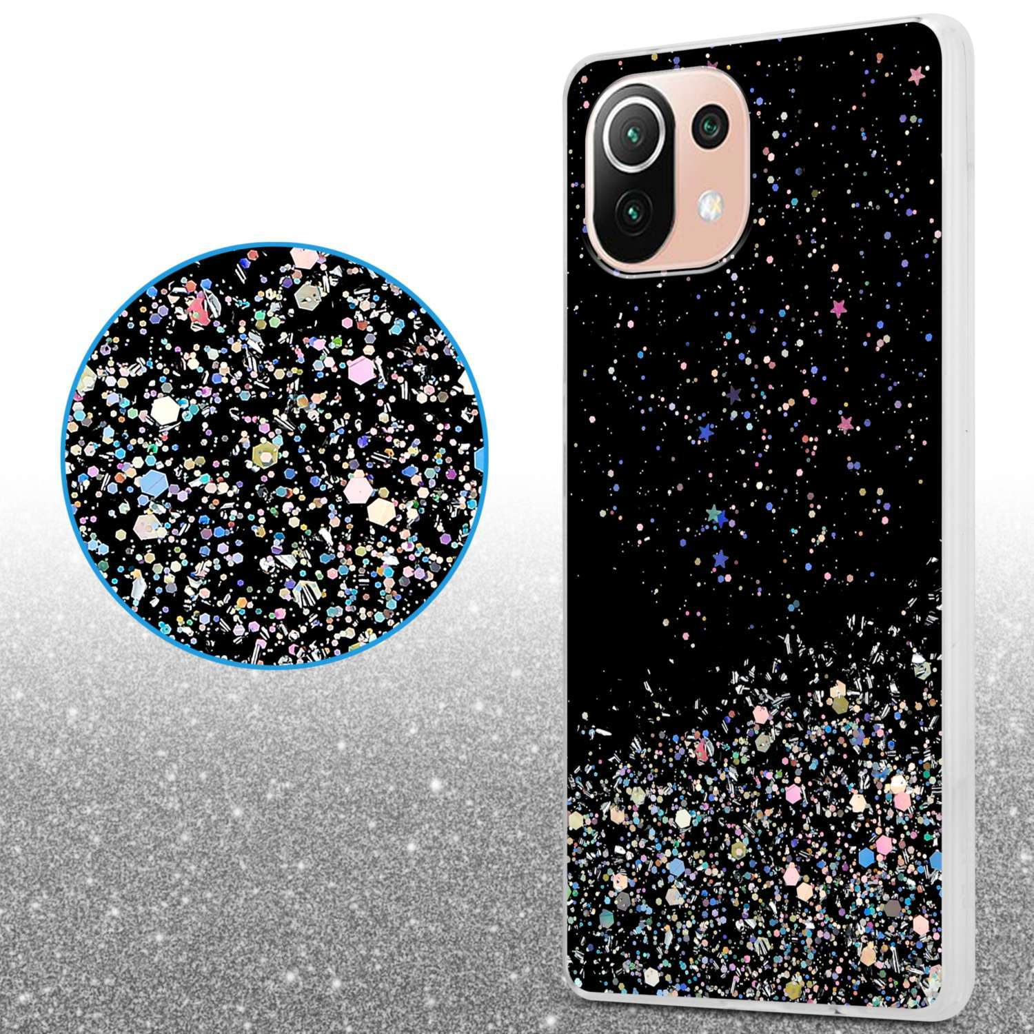 Handyhülle mit schwarzem Hintergrund und Glitzer, mit Nahaufnahme.
