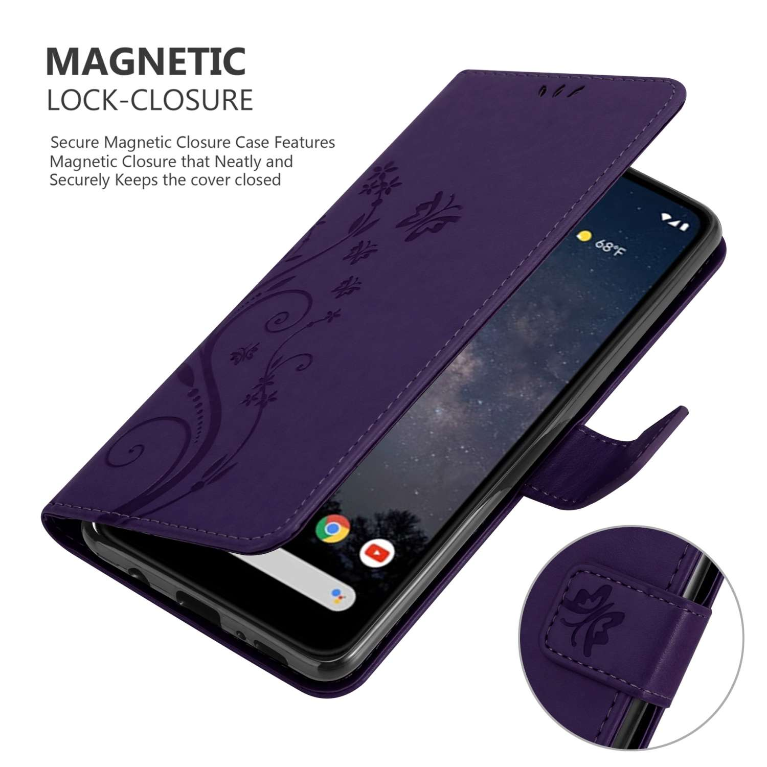 Custodia per telefono viola con design floreale. Il telefono è aperto, mostrando il display, con l'interfaccia Google.