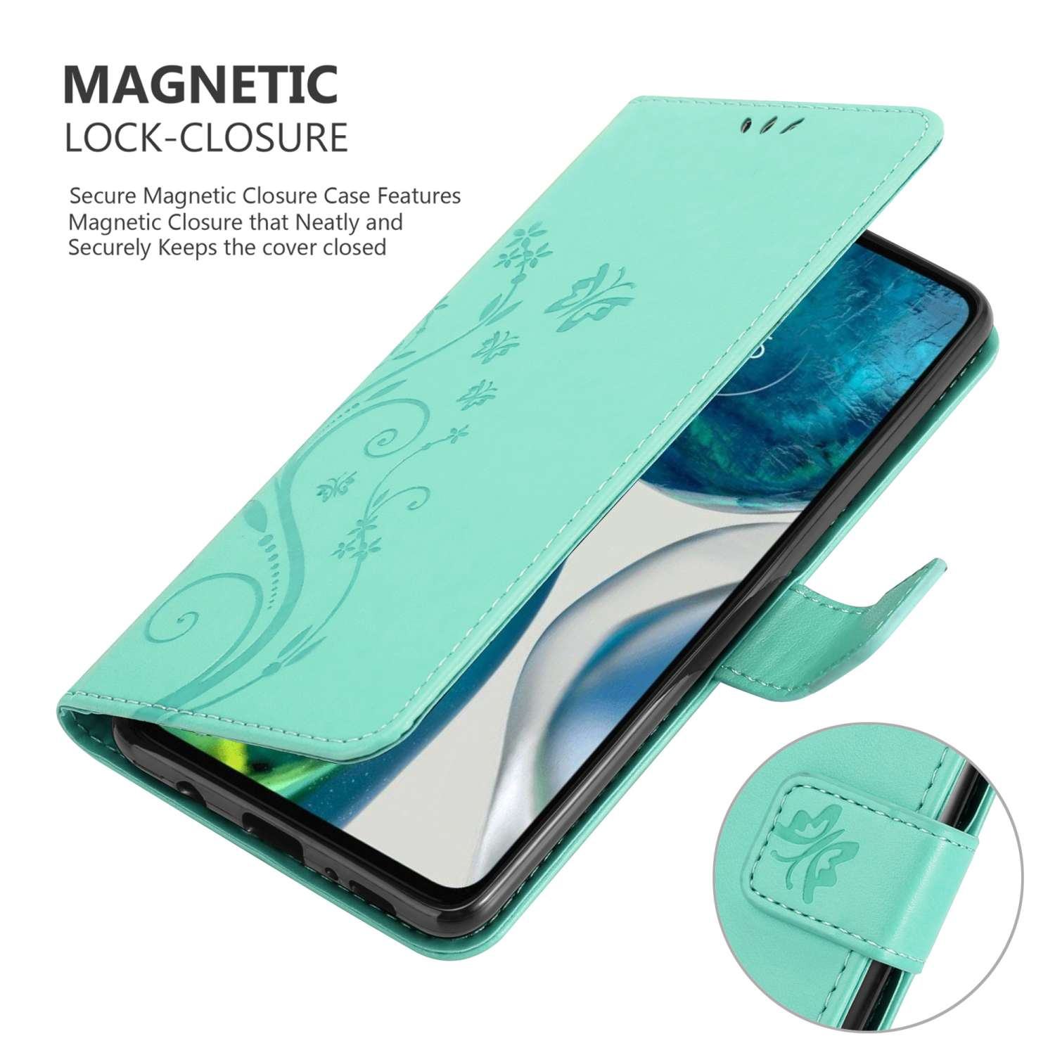 Una custodia per telefono verde acqua con un design floreale aperta sopra un telefono.