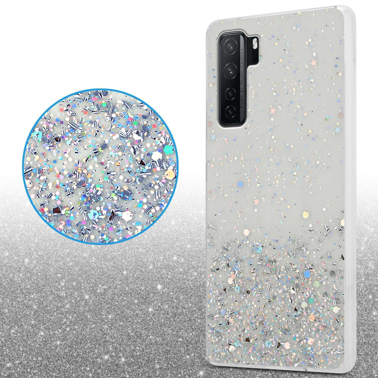 Handyhülle mit Glitzer. Eine transparente Hülle mit silbernem, blauem und pinkfarbenem Glitzer.